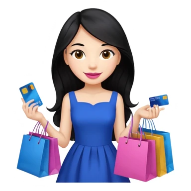 Girl with long black hair, pink lipstick, brown eyes holding shopping bags and blue credit card and wearing a dress  sticker