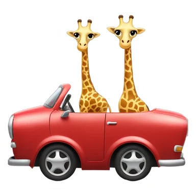 two cute giraffes driving in a red car sticker