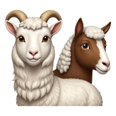 Portrait collage of domestic hooved animals: A calm goat with soft fur, a fluffy sheep with large eyes, and a noble horse with a shiny coat. Soft green meadow and distant hills in the background. Transparent background. sticker