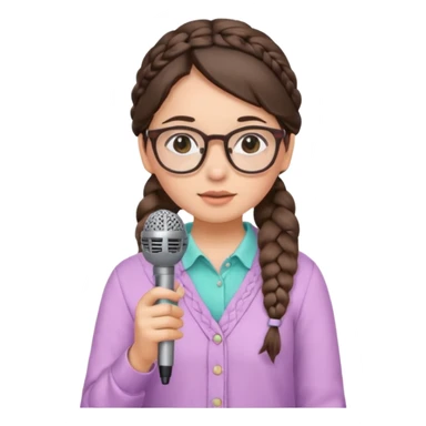 A shy braid brunette singer girl in pastel clothes with glasses, holding the mic with both hands. sticker