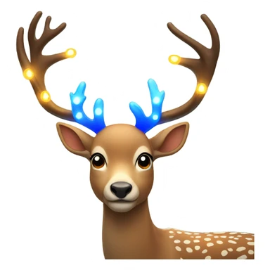 Deer with 4 antlers lit up with warm lights and a blue bow sticker