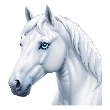 Cinematic Noble White Horse Portrait Emoji, Poised and regal, with a strong, athletic build and a pristine, well-groomed pure white fur, deep-set soulful blue eyes, Simplified yet sharp and sophisticated features, highly detailed, glowing with a soft, dignified glow, high shine, intelligent and majestic, stylized with an air of ethereal grace, focused and attentive, soft glowing outline, capturing the essence of a watchful and confident steed, so majestic it feels as though it could gallop out of the screen with effortless authority! sticker