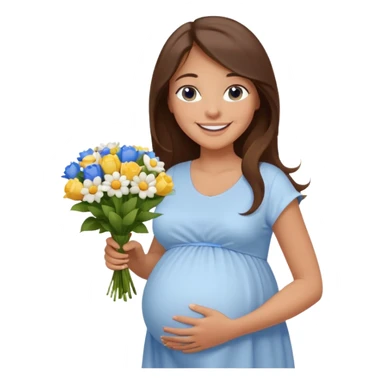 Create a cute emoji-style illustration of a young brunette woman with long brown hair, blue eyes, and a happy smile. She is pregnant, shown with a visible baby bump, wearing a simple white dress and holding a small bouquet of flowers. She looks excited and joyful, as if she's about to marry soon. sticker