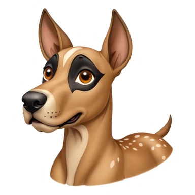 Cinematic Comical Fawn Great Dane Portrait Emoji, Head tilted dramatically with an exaggeratedly amused expression, featuring a sleek fawn coat with a subtle dark mask, wide, expressive amber eyes filled with playful disbelief, Simplified yet hilariously expressive features, highly detailed, glowing with a slightly sassy glow, high shine, dramatic yet playful, stylized with an air of cheeky mischief, bright and endearing, soft glowing outline, capturing the essence of a spirited and over-the-top guardian, so meme-worthy it feels like it could side-eye its way into internet fame instantly! sticker