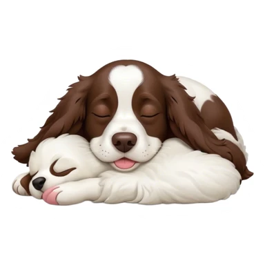 Meme-Worthy Cute Sleeping Springer Spaniel Portrait Emoji, Head resting peacefully with a contented smile, showcasing a delightfully agile build and a luxuriously soft liver and white Fur, eyes shut in a serene nap, Simplified yet hilariously adorable features, highly detailed, glowing with a soft, drowsy light, high shine, relaxed and utterly lovable, stylized with an air of playful laziness, bright and heartwarming, soft glowing outline, capturing the essence of a comically sleepy companion, so meme-worthy it feels like it could instantly become the next viral sensation of adorable slumber! sticker
