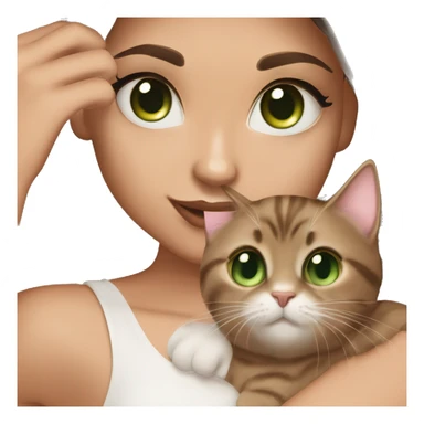 A girl with green eyes and dark brown straight hair, and makeup nude lipstick  and eyelashes, slightly tanned, oval light pink fingernails ,white top, holding a dark brown tabby cat with green eyes  sticker