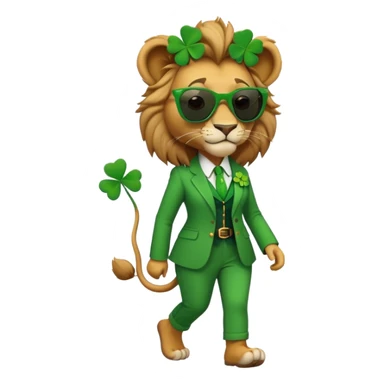 confident anthropomorphised female lion in St. Patrick's Day green clothes with shamrock accessories, dark sunglasses, walking upright, looking self-assured sticker