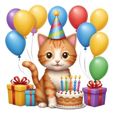 Ginger tabby kitten celebrates birthday, birthday hat, birthday cake, balloons, happy, gifts sticker