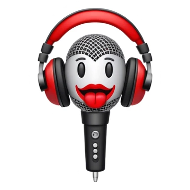 Create a dynamic and energetic emoji that represents beatboxing. The design should feature a stylized microphone with lips and sound waves emanating from it, symbolizing vocal percussion and rhythm. Add elements like headphones or a subtle speaker to emphasize the music production aspect. Use bold colors like black, white, and red to convey the intensity and creativity of beatboxing. The background should be transparent. sticker