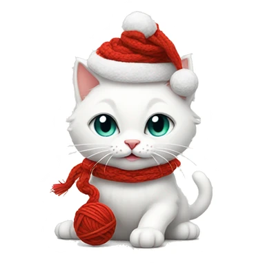 white cat wearing a christmas hat playing with a ball of red yarn sticker