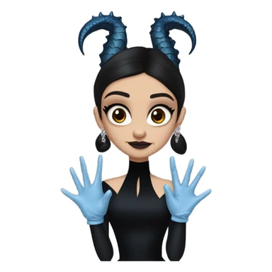 low cut back silk black evening gown with see-through gloves, Jenna Ortega as Addams woman prom queen wearing a mini tiara, very large blood blue evil-looking horned old dragon companion sticker