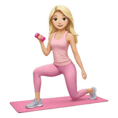 Create a young woman with long blonde hair, golden eyes, and medium-light skin tone, wearing a light pink tank top and leggings. She should be doing home worjout, with a smile sticker