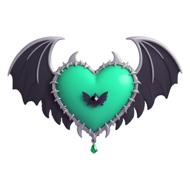 3D emoji gothic heart, emerald green crystal texture, silver bat wings, feather accents, lush and gothic style sticker
