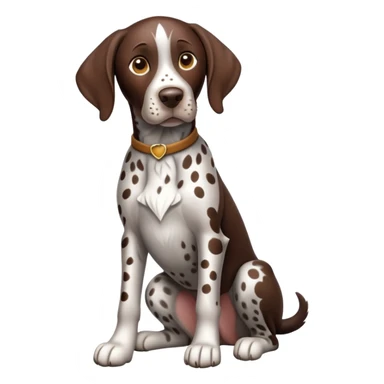 cinematic-[german pointer]-realistic-full-body-sitting-emoji,-tail-resting-loosely-beside-its-paws,-head-tilted-dramatically,-sleek-[brown and white spotten]-fur,-simplified-yet-realistic-focused-features,-highly-detailed,-glowing-with-an-almost-sarcastic-glow sticker