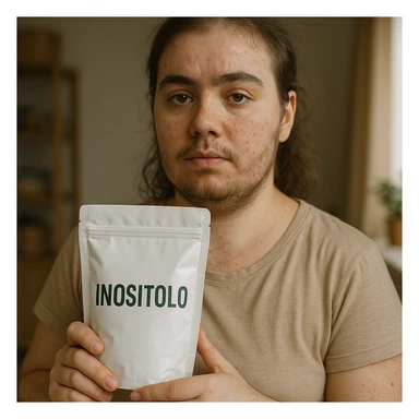 Hyperrealistic photograph of a woman with PCOS holding a package with the label 'Inositolo' clearly visible and readable. She has acne and facial hair, thin hair, and a serene expression. The setting is a domestic environment with natural light. sticker