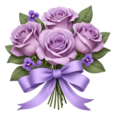 A vintage bouquet of wilted mauve roses, delicate violet pansies, and fragrant lavender sprigs is gently wrapped in soft lilac silk ribbons, tied into a loose, romantic bow, with a small heart-shaped locket resting among the petals, whispering secrets of a love long past sticker