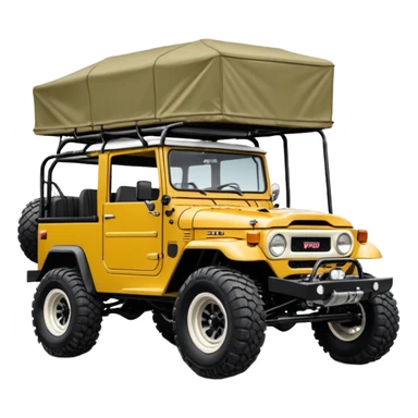 Well-equipped Off road Racing fj40 car whose frame and detailed suspension is made of shopping cart material with padded roll cage, huge roof rack, winch, and antique style handmade bodywork (survivalist style) sticker