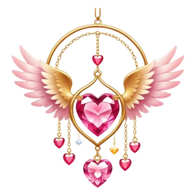 Reddish-pinkish and golden warm-colored romantic lush beautiful pretty hanging crystal-catcher aesthetic with hearts and sparkles and and white angel wings sticker
