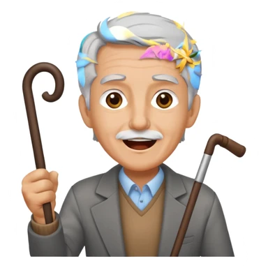 A grey-haired fan with cane in hand, cheering loudly with youthful spirit. sticker