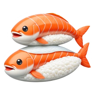 Cute Kawaii Nigiri Sushi, plump and happy, a soft white rice pillow topped with bright orange salmon, tiny blushing cheeks, big round eyes, a joyful floating expression! sticker