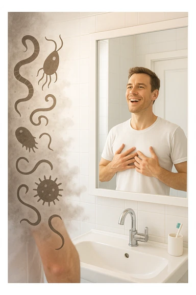 a man stands in a brightly lit bathroom, looking relieved and revitalized as he examines his reflection in the mirror. In the foreground, stylized, shadowy images of parasites (such as worms or protozoa) are shown leaving his body, dissolving into mist or fading away. His posture is upright and his expression is one of newfound energy and health. sticker