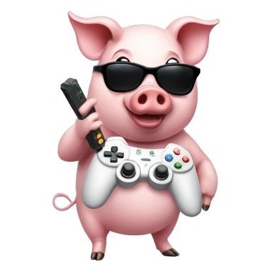 a pig with a video game controller wearing sunglasses sticker