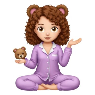 Sexy girl, brown eyes, brown curly hair, white skin, full body in cute pijama bear sticker