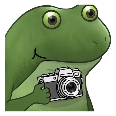 bufo frog sightseeing in a city, holding a camera, looking excited sticker