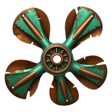 3D render of Ship Propeller, heavily oxidized copper texture, verdigris patina, Bronze blades with green barnacle/rust spots, weathered bronze aesthetic, ancient decay, emoji style, isolated on white background --v 6.0. sticker