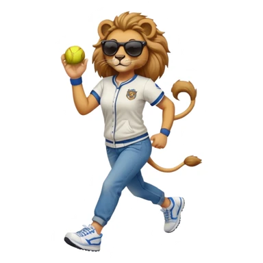 friendly anthropomorphised female lion wearing a baseball shirt, jeans, trainers, dark sunglasses, jogging upright, dominant confident expression sticker