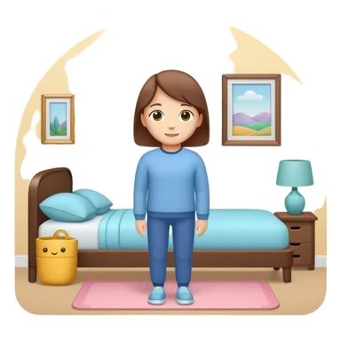 cozy clean room with neatly organized objects, simplified human character standing peacefully, feeling satisfied and calm, sense of order and balance, flat custom emoji sticker, pastel colors, rounded shapes, minimal details, thick outline, white background, no text sticker