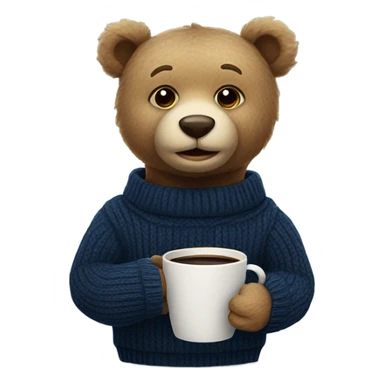 teddy bear wearing a navy sweater and holding a coffee cup sticker