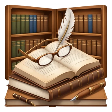 An icon featuring an open book with classic text, a feather quill, and reading glasses, symbolizing literary studies. The design includes old library shelves and vintage manuscripts in the background. Transparent background emphasizes the deep analysis of written works and literary history. sticker