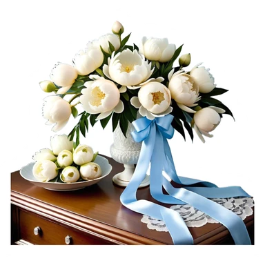A lush bouquet of full-bloom white peonies, their petals soft as silk, rests on a lace-draped vanity table. A long, powder blue satin ribbon is delicately woven through the stems, its trailing ends cascading onto the wooden surface. The gentle glow of morning light filters through sheer curtains, casting a dreamy ambiance over the scene. Scattered pearl beads catch the light, reflecting a soft iridescence that complements the bouquet’s ethereal beauty. sticker
