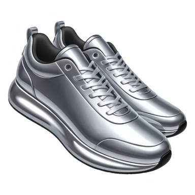 A pair of futuristic sneakers emoji made of silver chrome, sleek streetwear design, smooth metallic panels, subtle reflections, luxury swag aesthetic, iOS emoji style, centered, clean white background sticker