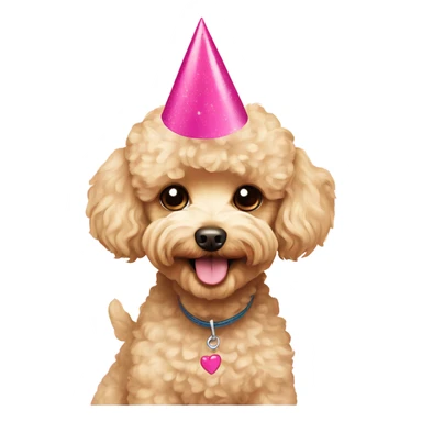 Blonde toypoodle maltipoo with pink birthdayhat sticker