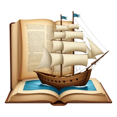 Icon for Reading Fiction: a large open book with pages turning, Musketeers on horseback, Sherlock Holmes and other literary elements, a sailboat sailing across the pages. The icon should evoke the adventurous spirit of storytelling. Transparent background. sticker