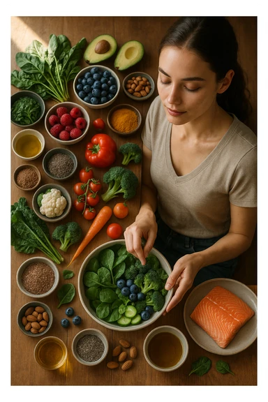 A realistic, cinematic flat-lay image of a clean wooden kitchen table filled with fresh, colorful whole foods known to help reduce androgen excess naturally. The table includes leafy greens like spinach and kale, avocados, berries, colorful vegetables, nuts, seeds (chia and flaxseeds), wild-caught salmon, and herbal teas, carefully arranged in an aesthetically pleasing, organized manner. A small glass bowl with olive oil and another with turmeric powder are included, emphasizing anti-inflammatory properties. In the scene, a young woman with clear, healthy skin and a calm expression is preparing a bowl with these ingredients, symbolizing a hormone-balancing diet. Warm, natural daylight streams in, creating a cozy and inviting atmosphere. The style is hyper-realistic 35mm photography, with vibrant yet soft colors, showcasing textures of the fresh produce and the peaceful vibe of using nutrition to support hormonal balance sticker