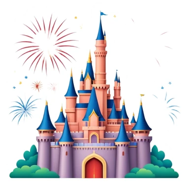Shanghai Disney Castle with fireworks, simplified emoji style with bold outlines and bright colors, cartoon style fairy tale castle sticker