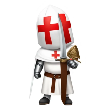 knight Templar wearing a white tunic with a Red Cross on the front, a white mantle with a hood. And a Red Cross on the left side. A male head with a red smokers cap on. He should be holding a sword in the carry position. sticker
