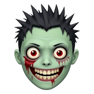 zombie boy with emo spiky hair, white skin, and white eyes; an open smile, and bloodied teeth; sticker