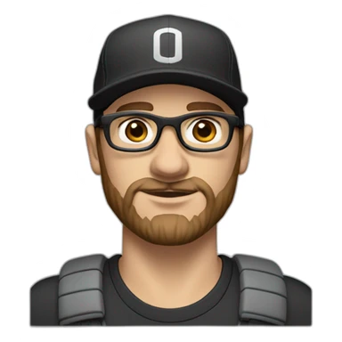 White man with brown hair and a brown beard, has thick eyebrows is wearing black sight glasses. Big nose. Half closed brown eyes. Wearing a Nike cap sticker