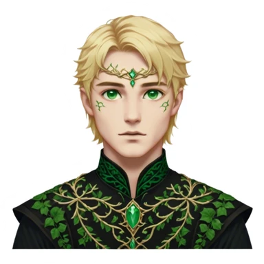 A golden-haired High Fae male with striking emerald-green eyes, his features sharp and aristocratic. He wears a deep black tunic embroidered with green ivy-like patterns, symbolizing his connection to nature. Though his broad frame and strong jawline exude power, there is a weight behind his eyes—something restrained, something broken. sticker