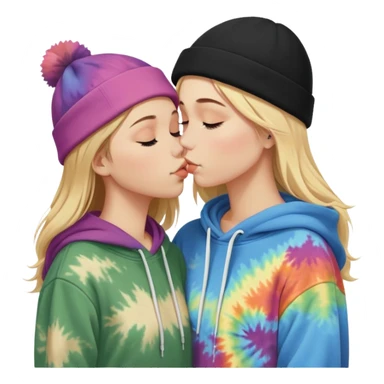 Short brown haired white girl in a hoodie and a black beanie kissing a tall short long blonde haired girl wearing a black beanie and a tiedye hoodie. make ther brunette shorter than the blonde sticker