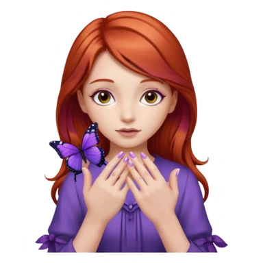 red haired girl finger holding purple butterfly - but her hands down sticker