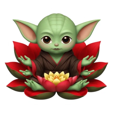 Baby Yoda con su tunica chocolate oscuro sentado dentro de una flor de loto estilo chino algunos contrastes en rojo sticker