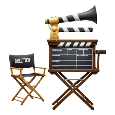 Icon for Directing: a director's chair, a film slate, a megaphone, and a stage set with lights. The icon should represent the creative and leadership aspects of directing, with focus on film and theater production. Transparent background. sticker