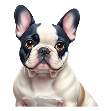 Cinematic Noble Pied French Bulldog Portrait Emoji, Radiating regal yet playful charm, with a distinctive pied fur of contrasting hues and a sculpted, expressive face featuring gentle, wise eyes and a confident stance, simplified yet artistically detailed, glowing with a soft, sophisticated radiance, high shine, exuding intelligent nobility and refined flair, soft glowing outline, capturing the essence of a noble Pied French Bulldog that embodies both strength and grace! sticker