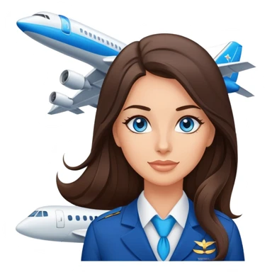 Brunette flight attendant with blue eyes long hair in front of a plane  sticker