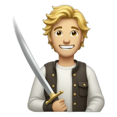 Guy in his twenties holding a sabre between his teeth sticker